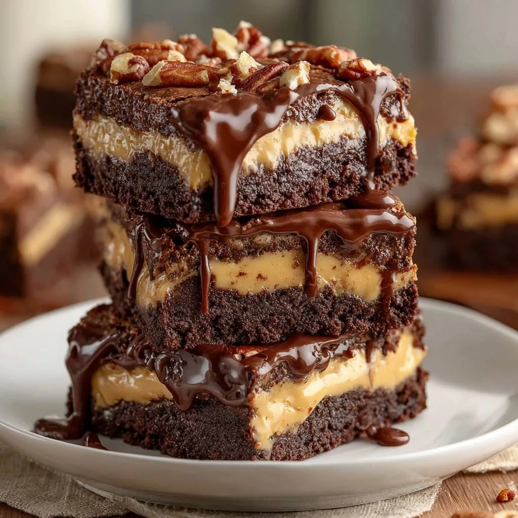 Caramel pecan brownie bars shown as a stacked cross-section with rich chocolate ganache drizzle and chopped pecans.