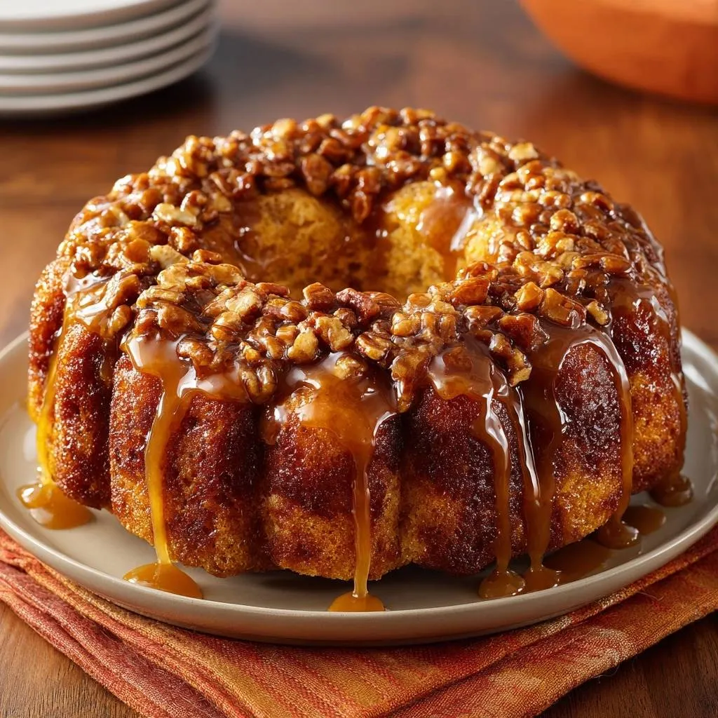 Caramel pecan bundt cake drizzled with glossy caramel glaze and topped with chopped nuts.