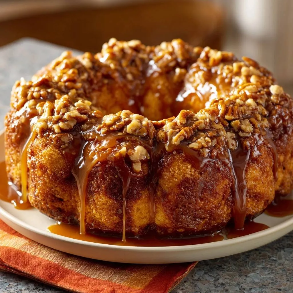 Caramel pecan bundt cake with a rich caramel glaze and chopped walnuts topping, shown in a close-up detail shot.