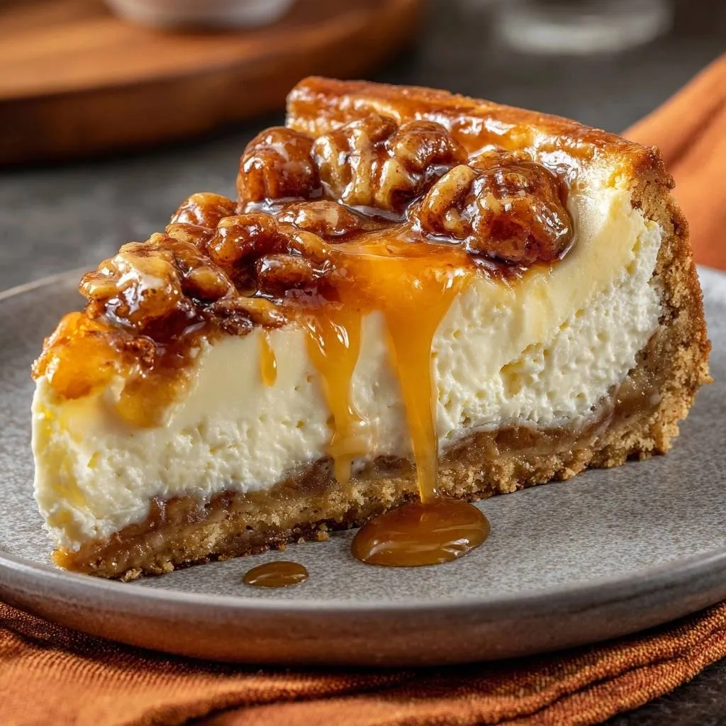 Caramel walnut cheesecake slice with a rich caramel drizzle and candied walnuts on a grey plate.