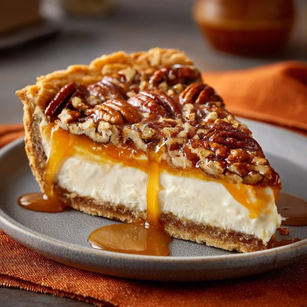 Caramel Walnut Cheesecake, a slice showcasing its creamy interior and drizzled caramel topping on a plate.