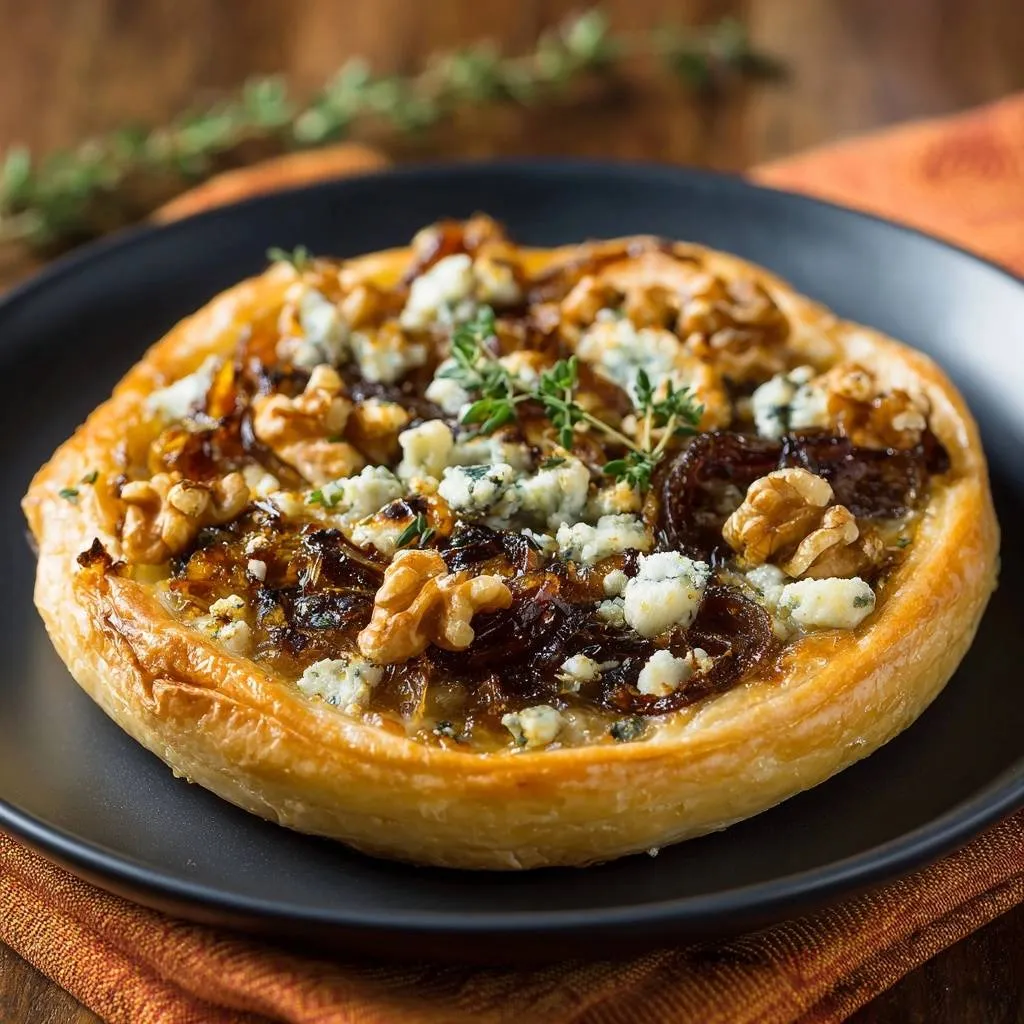 Caramelized onion blue cheese walnut tart, a single serving plated with a close-up view of the flaky pastry and toppings.