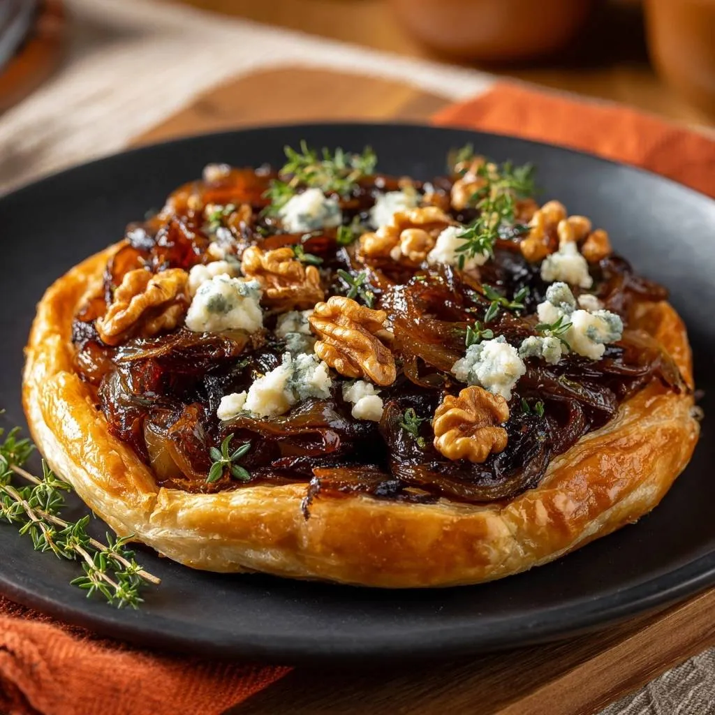 Caramelized onion blue cheese walnut tart plated and garnished with fresh thyme and walnuts.