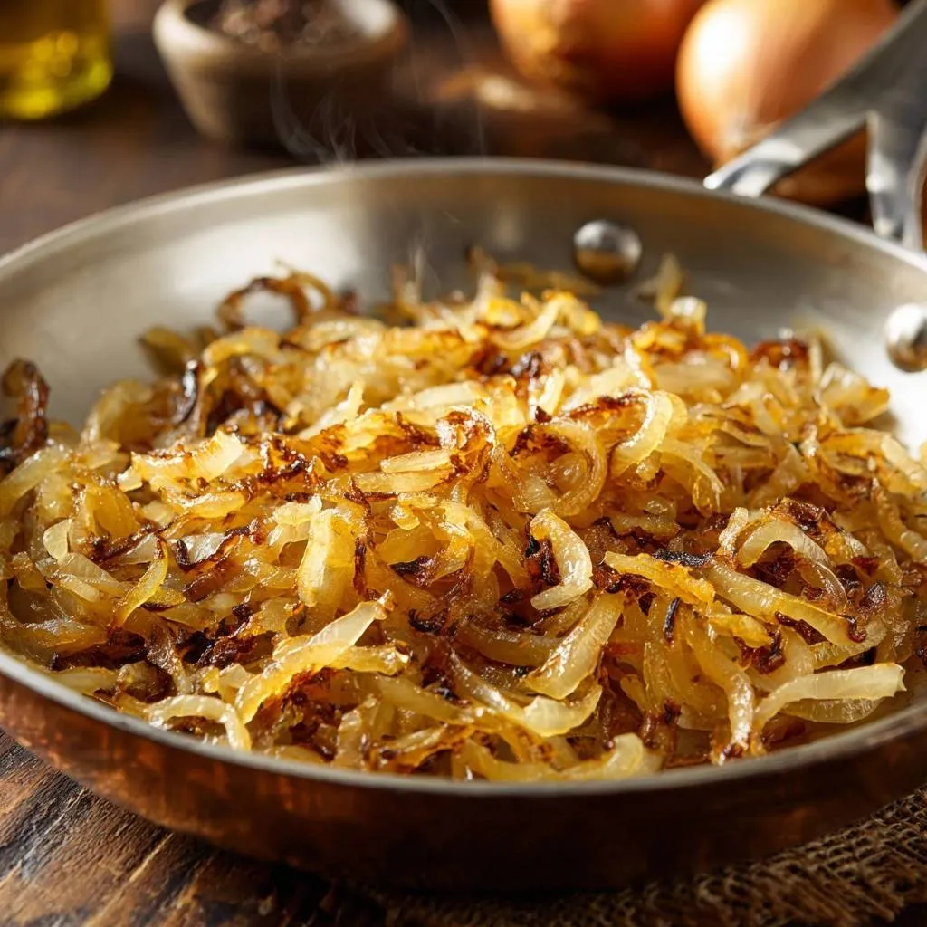 Perfect caramelized onions cooking in a skillet, showcasing their golden-brown texture and wisps of steam.