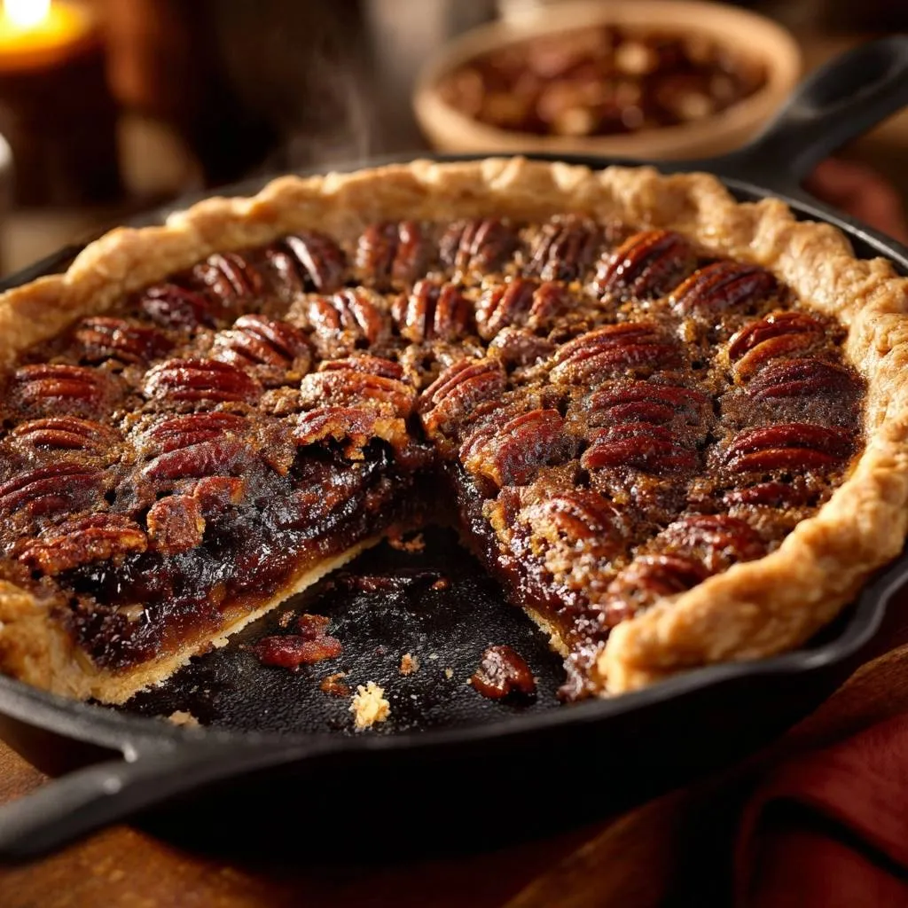 Cast iron skillet apple pecan pie with a slice removed, revealing its rich interior and pecan topping.
