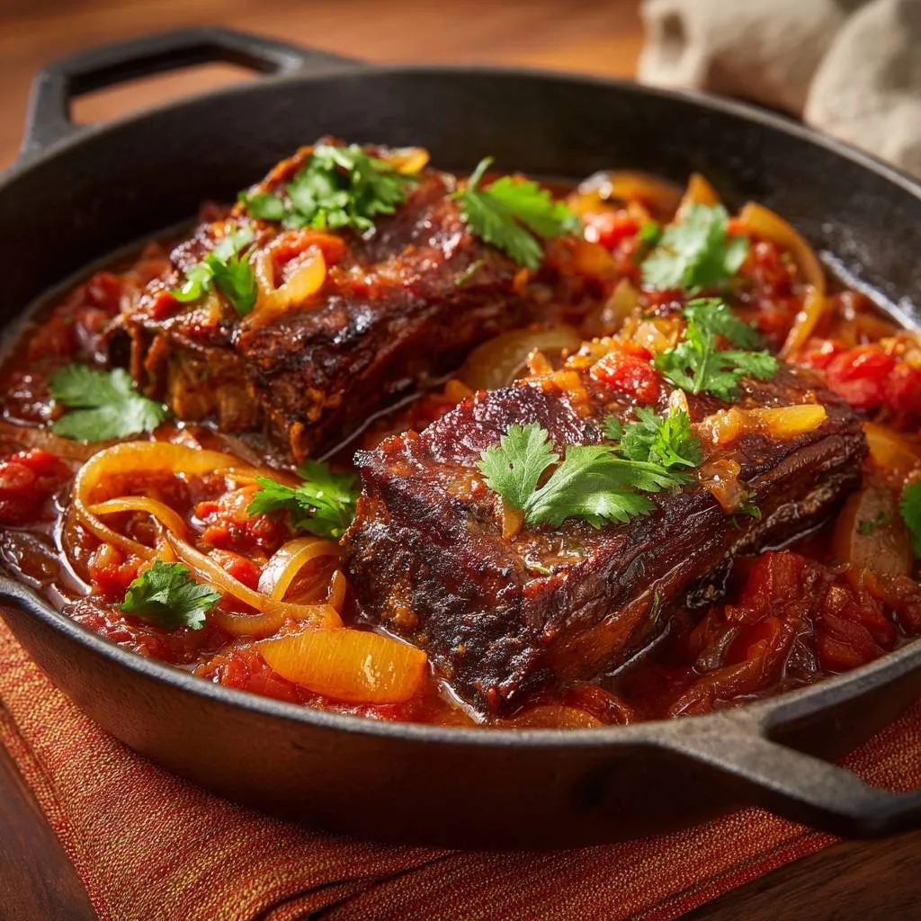 Cast iron braised short ribs with peppers and onions, served in a rustic cast iron skillet, garnished with fresh cilantro.