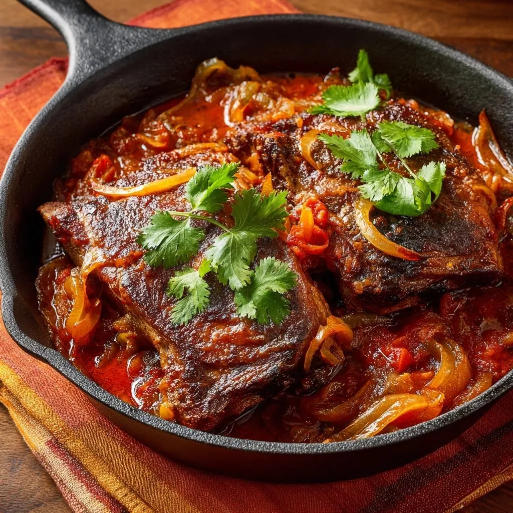 Cast iron braised short ribs with peppers and onions, garnished with fresh cilantro in a skillet.
