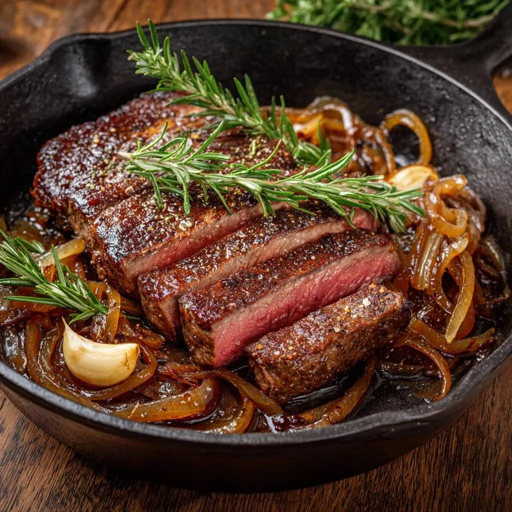 Cast iron rosemary steak with caramelized onions, sliced to reveal a perfect medium-rare cross-section.