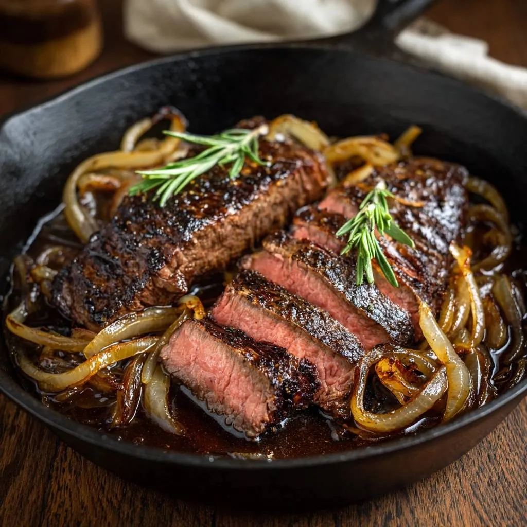 Cast Iron Rosemary Steak with Caramelized Onions - recipe image