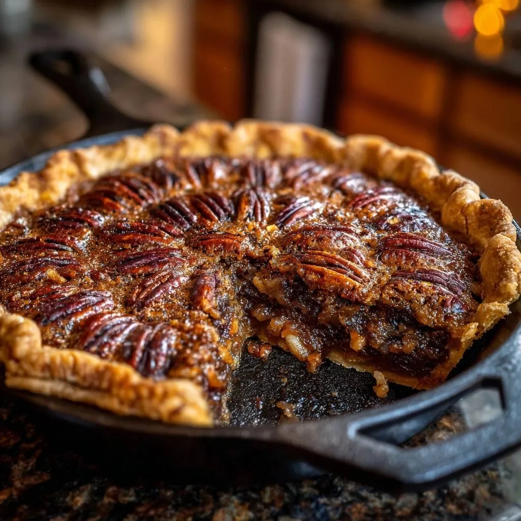 Cast iron skillet apple pecan pie with a slice cut out revealing the rich, gooey interior and pecan topping.