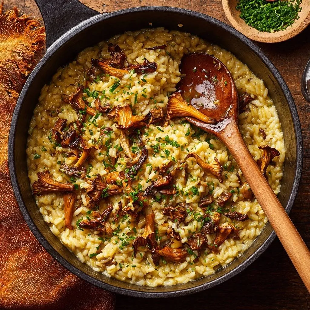 Chanterelle mushroom risotto served in a cast iron pan with a wooden spoon, garnished with fresh parsley.