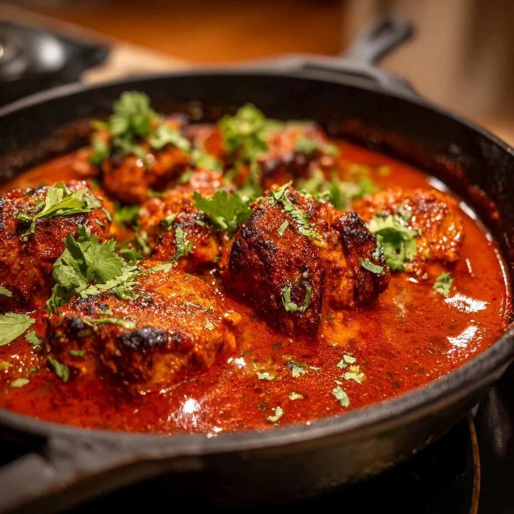 Charred chicken masala shown in a cast iron pan, glistening with rich, red sauce and fresh cilantro garnish.