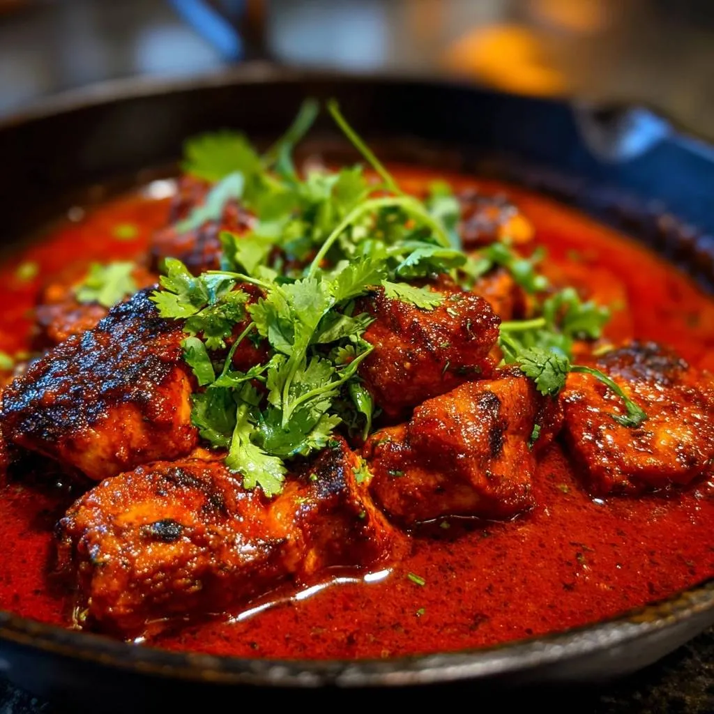 Charred chicken masala in a skillet, generously garnished with fresh cilantro, showcasing its rich red sauce.