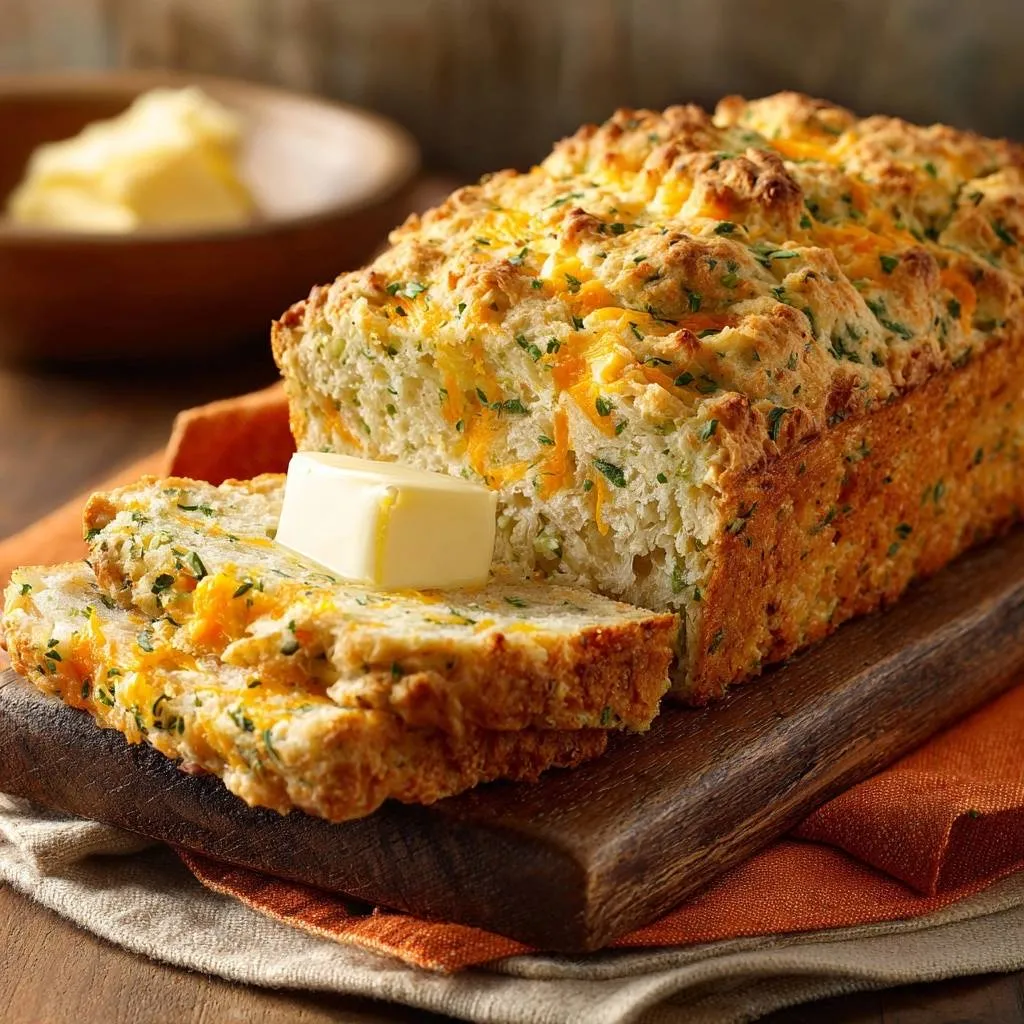 Cheddar herb bread sliced with a pat of butter on top, showcasing its cheesy interior.