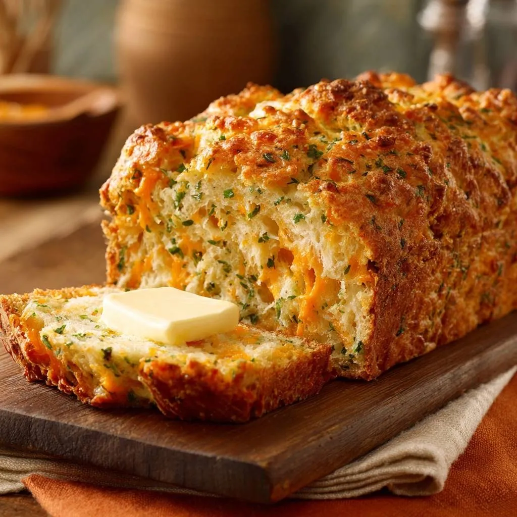 Cheddar herb bread, sliced and served with a pat of butter on a wooden cutting board.