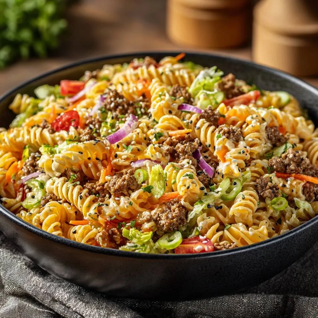 Zesty cheeseburger pasta salad in a black bowl, featuring a close-up view of rotini pasta, seasoned ground beef, and fresh vegetables.
