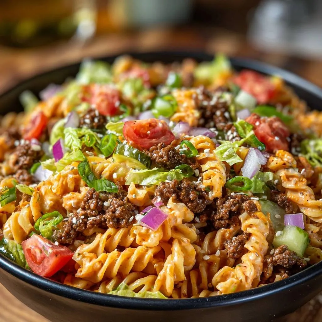 Zesty cheeseburger pasta salad close-up shows ground beef, chopped tomatoes, lettuce, and sesame seeds on rotini pasta.