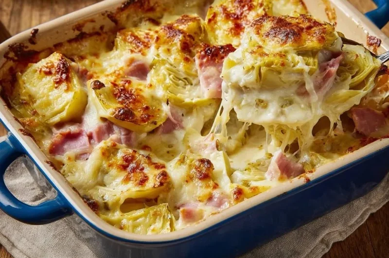 Cheesy Artichoke Ham Casserole