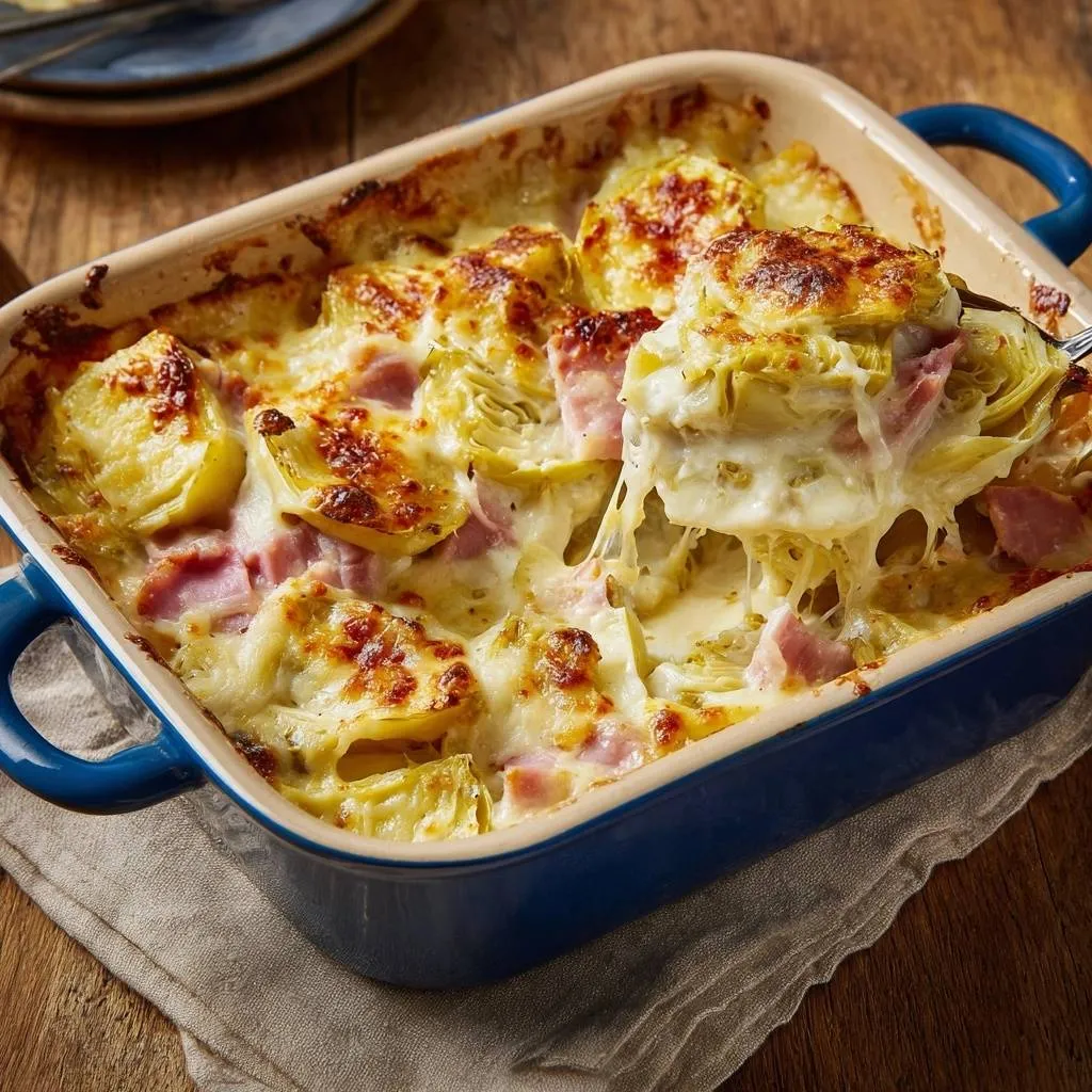 Cheesy artichoke and ham casserole with a gooey cheese pull being lifted by a fork.