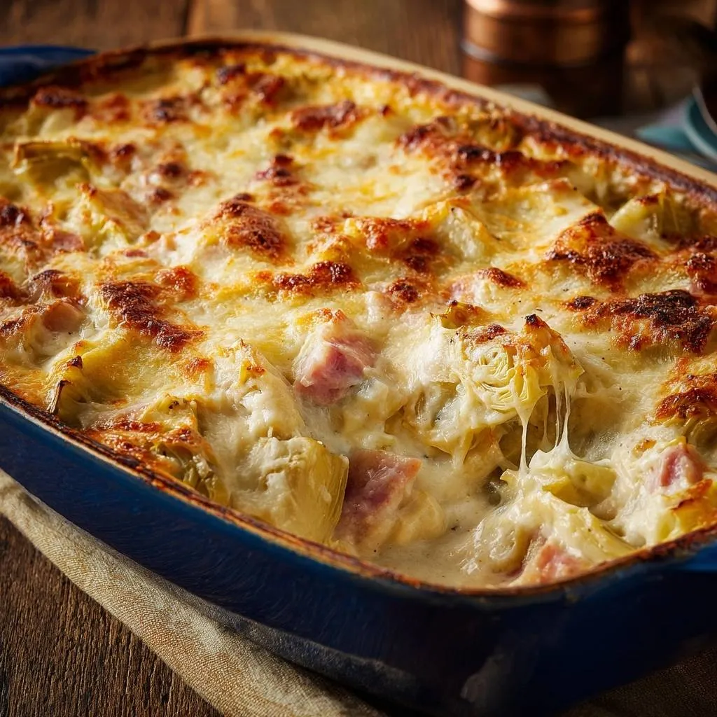 Cheesy artichoke and ham casserole with gooey melted cheese stretching from a close-up view.