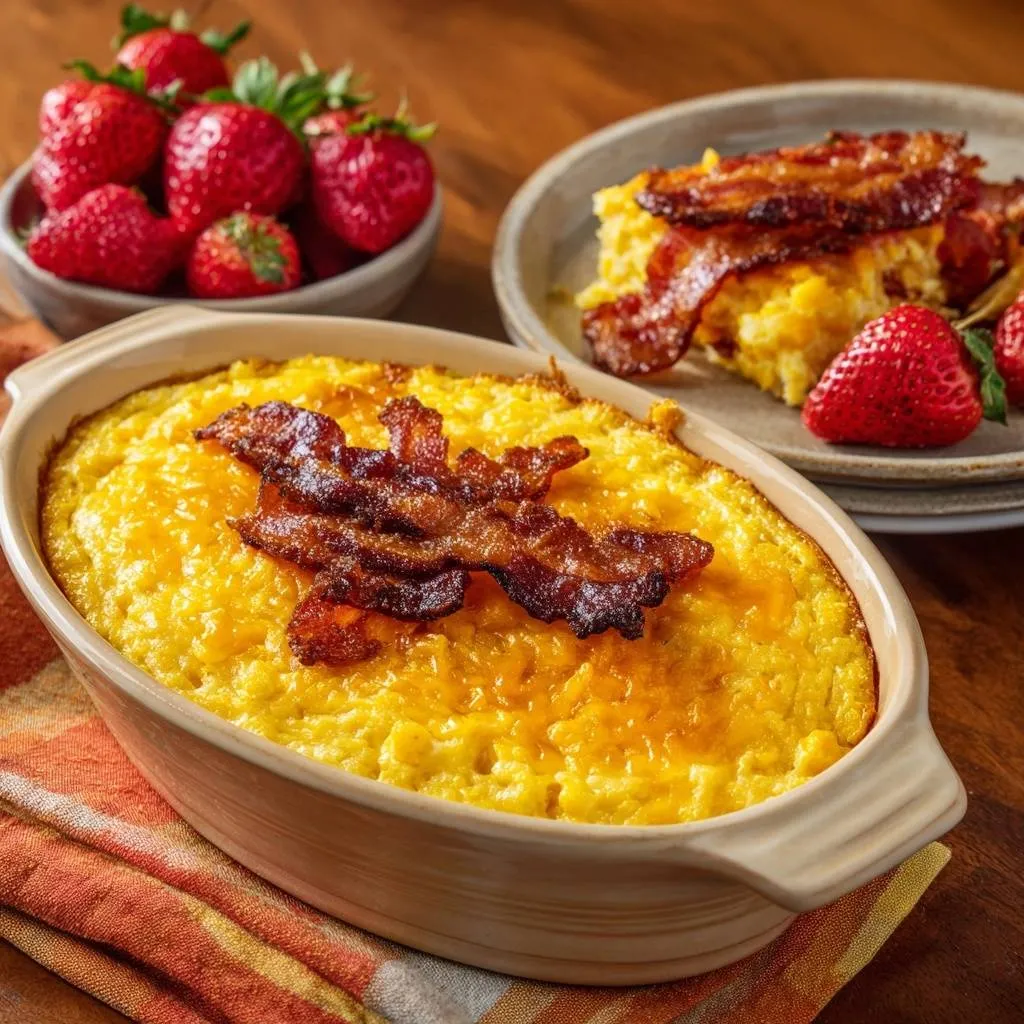 Cheesy bacon corn casserole baked in a rustic dish, topped with crispy bacon strips and garnished with fresh strawberries.