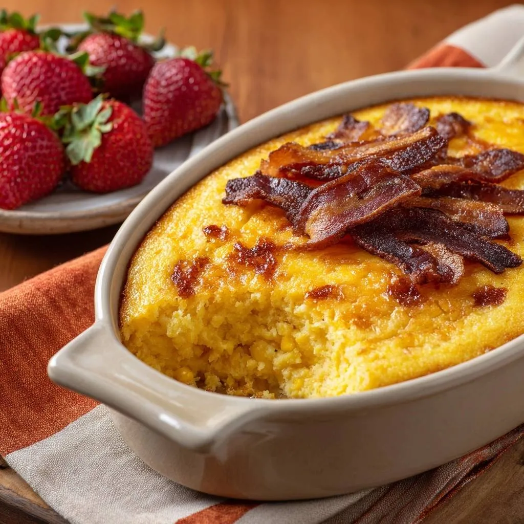 Cheesy bacon corn casserole with a close-up view of a slice showing the interior texture and bacon topping.