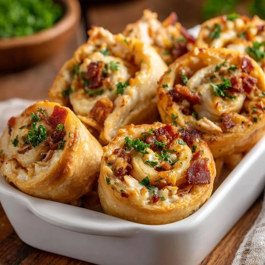 Cheesy bacon garlic swirls with a crispy base shown up close in a white serving dish, garnished with parsley.