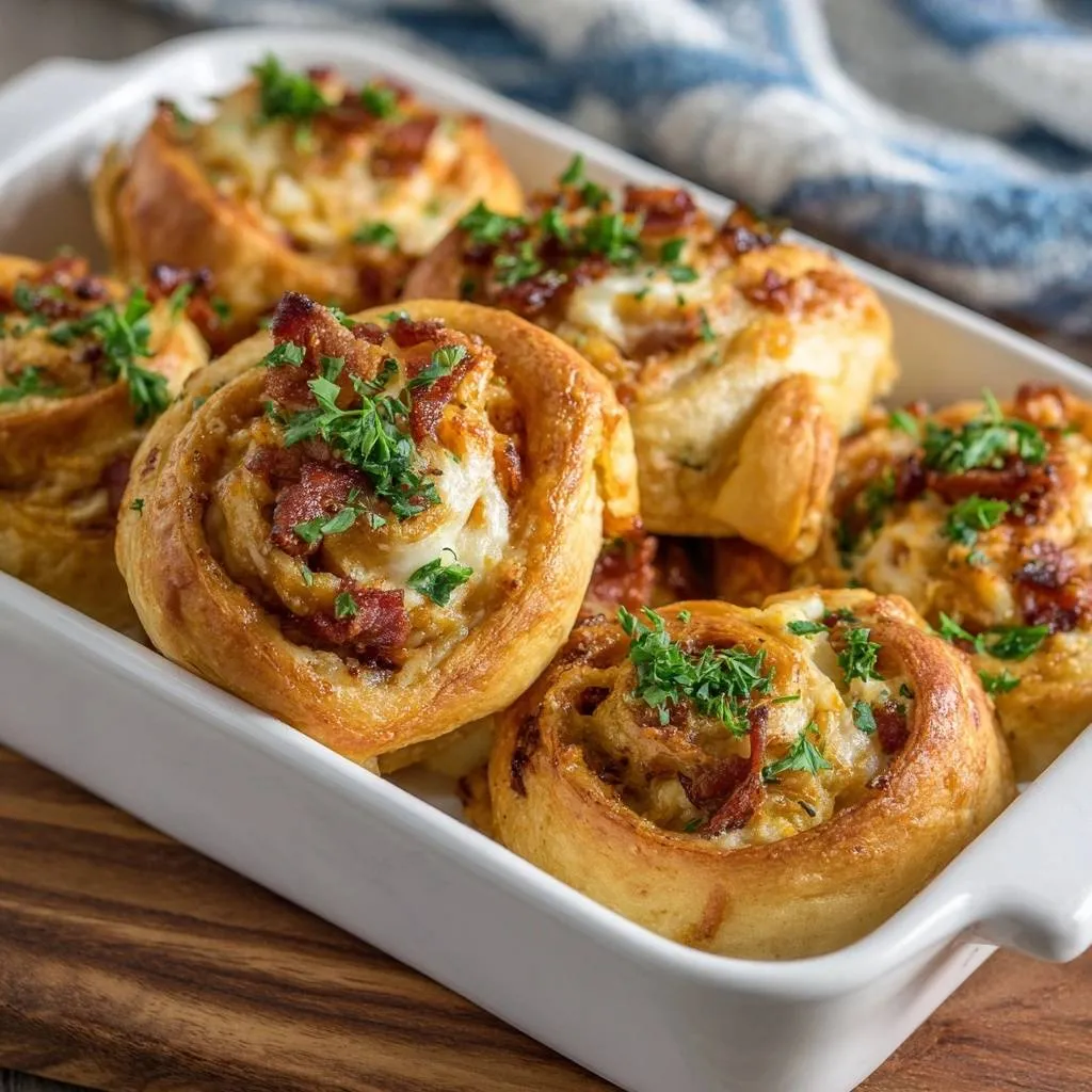Cheesy bacon garlic swirls with a crispy base served in a white baking dish, garnished with parsley.