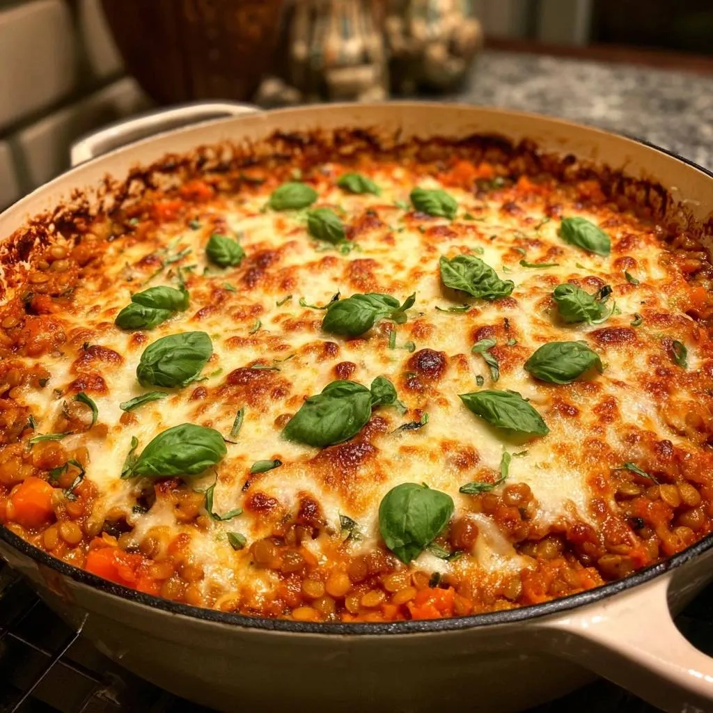 Cheesy baked lentil marinara with melted cheese and fresh basil garnish, a close-up view of the bubbling topping.