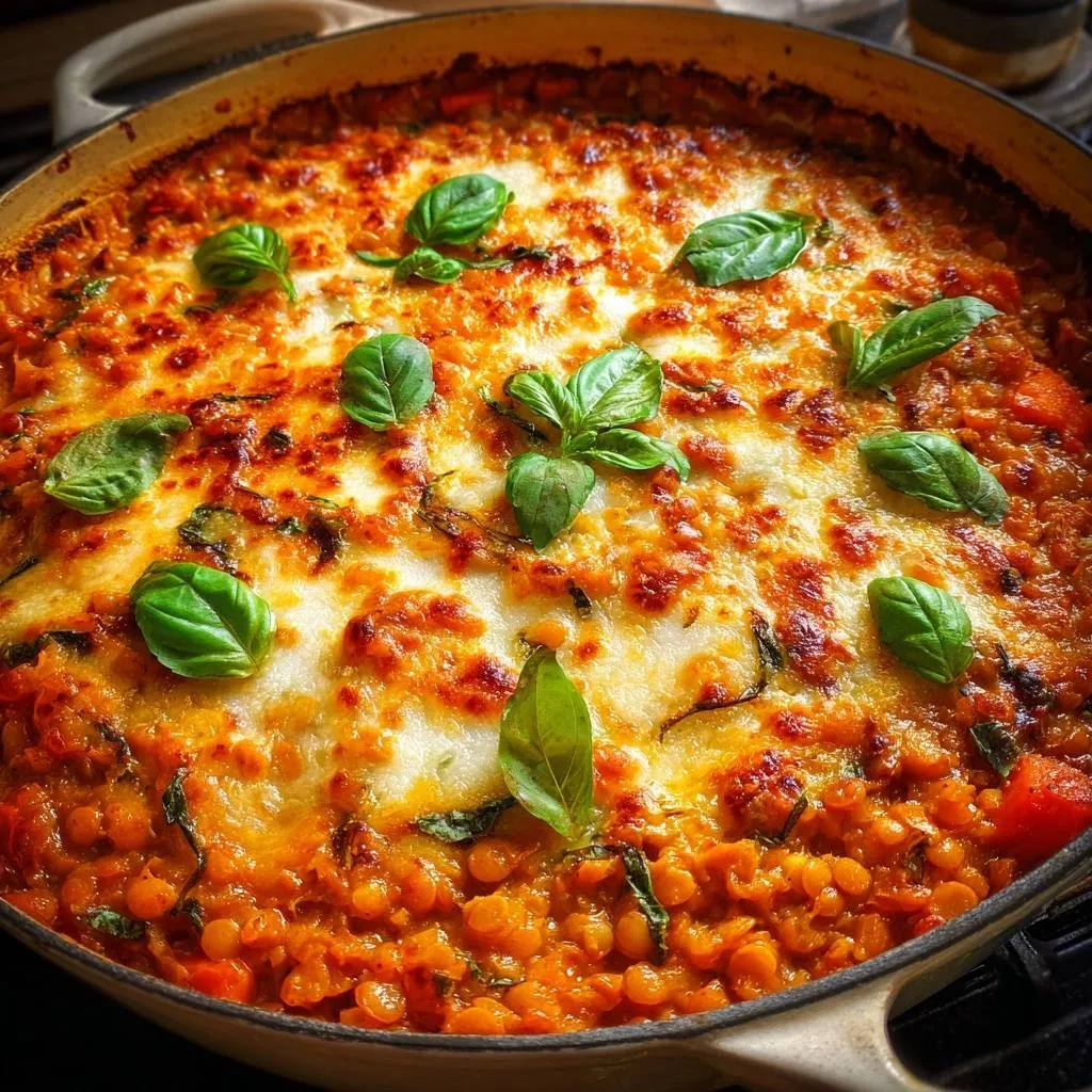 Cheesy baked lentil marinara with melted mozzarella and fresh basil garnish, a comforting Italian-inspired dish.