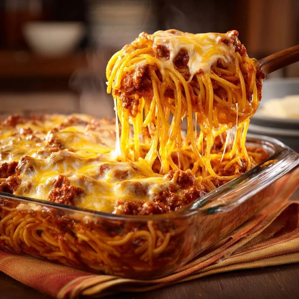 Cheesy baked spaghetti casserole with a serving being lifted, showing melted cheese stretching from the noodles.