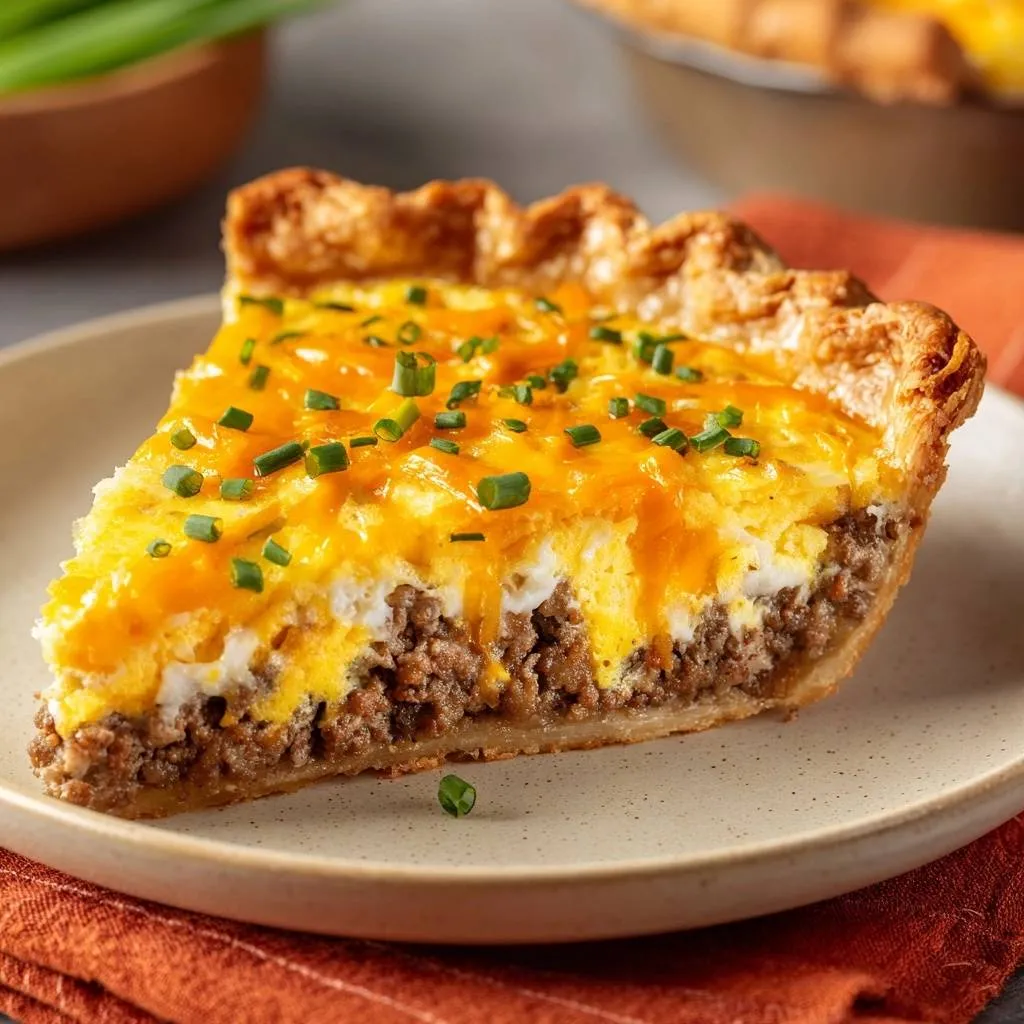 Cheesy beef and potato pie shown as a close-up cross-section slice on a plate, revealing its layered filling.