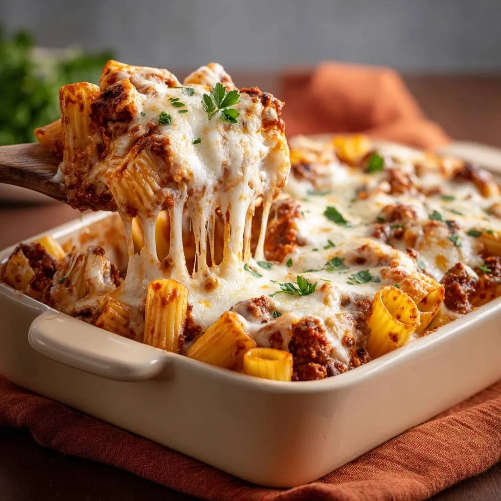 Cheesy beef baked rigatoni with a generous portion being lifted, showing a long, stringy cheese pull.