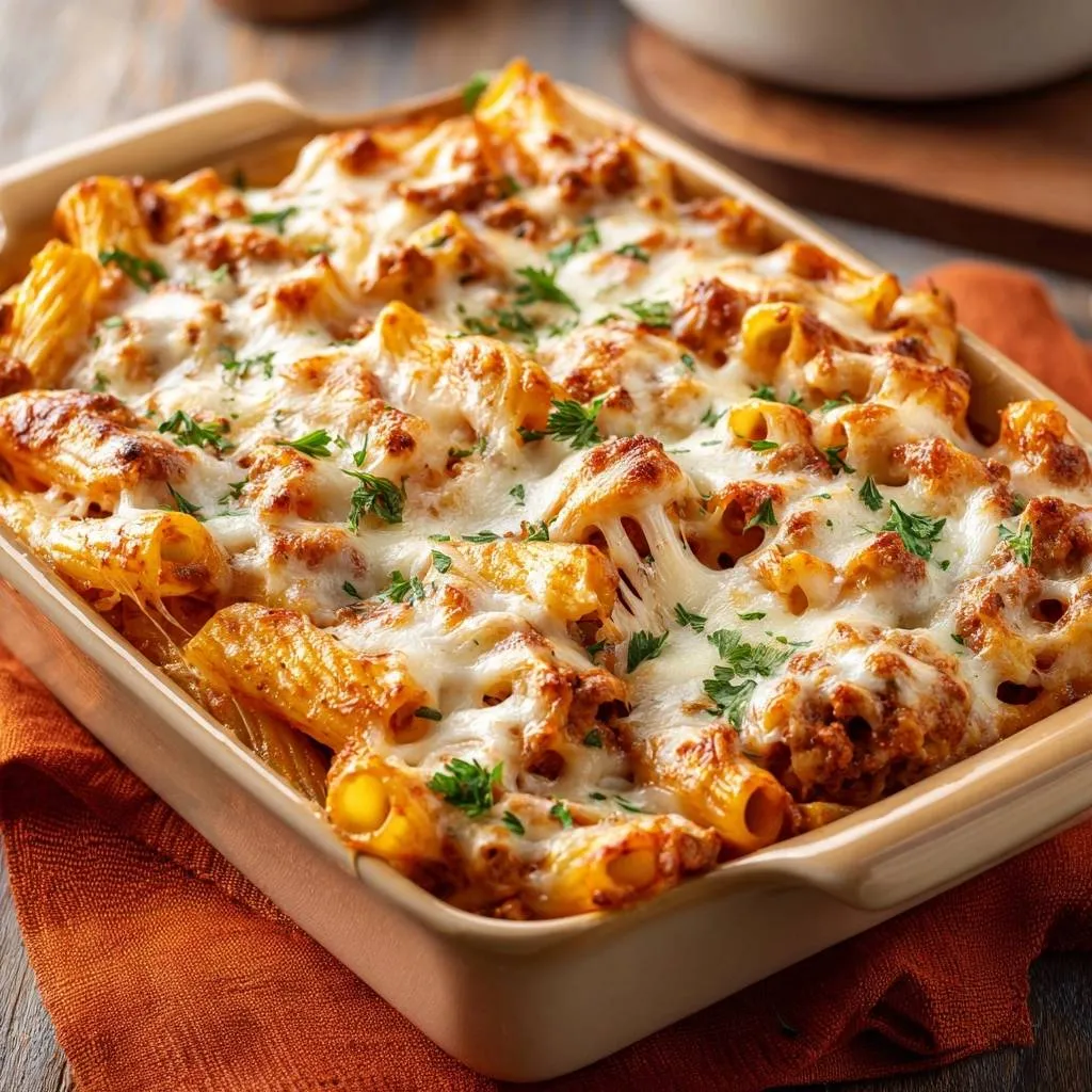 Cheesy beef baked rigatoni shown freshly baked in a baking dish with a close-up overhead view.