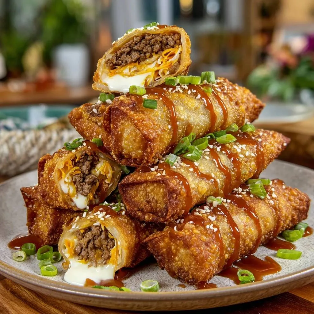 Cheesy beef and carrot egg rolls stacked with a close-up cross-section showing melted cheese and filling.