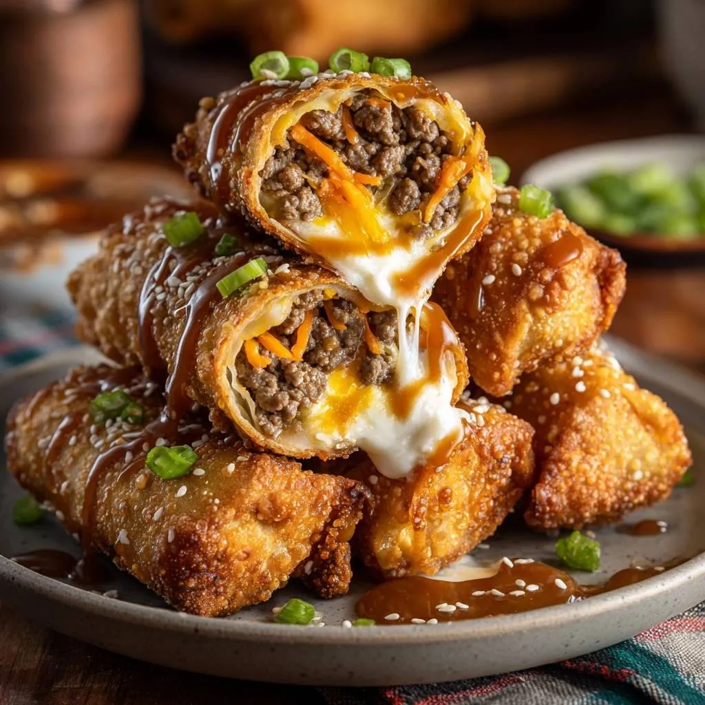 Cheesy beef and carrot egg rolls cross-section showing melted cheese oozing out, drizzled with sauce.