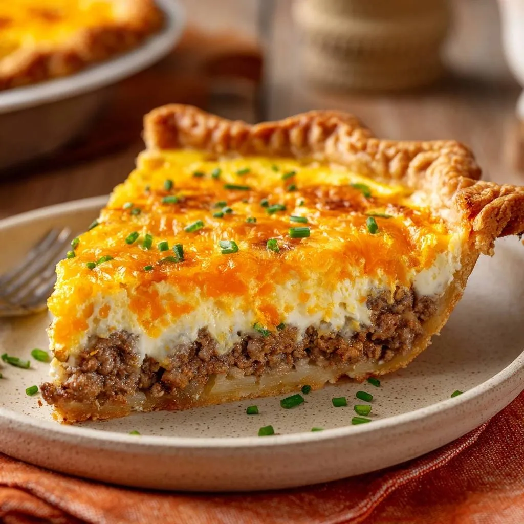 Cheesy beef and potato pie shown as a delicious slice, revealing its layered cross-section with minced beef, potatoes, and creamy egg filling.