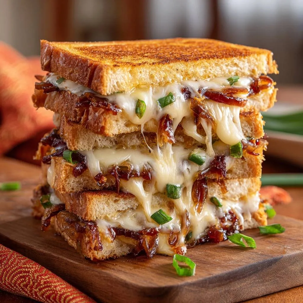 Cheesy broccoli rice casserole shown as stacked slices with melted cheese oozing out and green onions.
