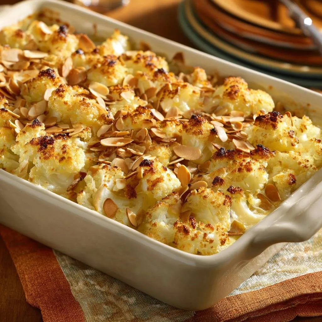 Cheesy cauliflower gratin with a generous topping of toasted sliced almonds in a ceramic baking dish.