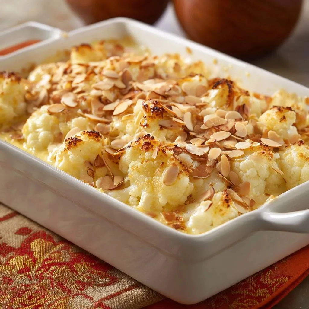 Cheesy cauliflower gratin with toasted almonds as a topping, baked in a white casserole dish.