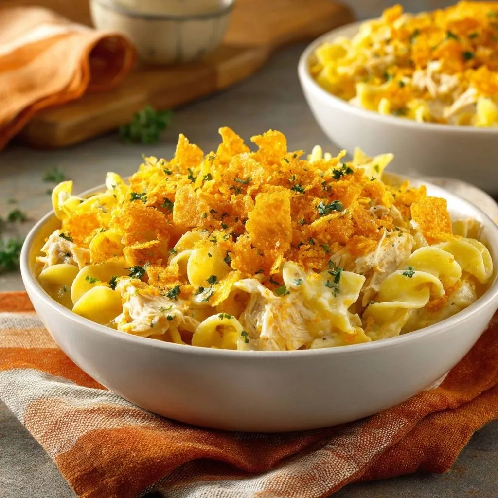 Cheesy chicken Cheetos pasta recipe shown in a close-up view with a generous topping of crushed Cheetos and parsley.
