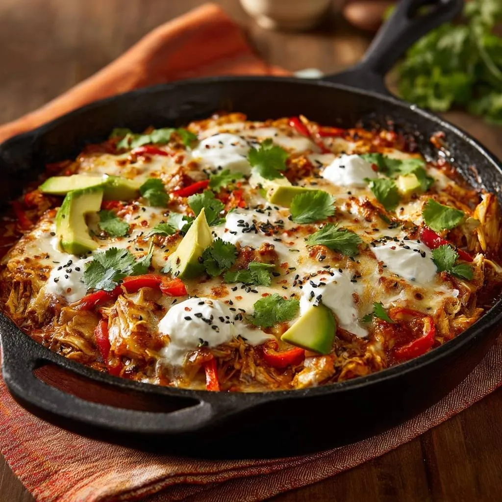 Cheesy chicken enchilada skillet recipe garnished with avocado, cilantro, and crema in a cast iron pan.
