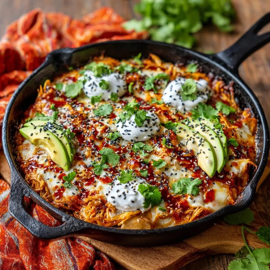 Cheesy chicken enchilada skillet recipe topped with avocado slices, sour cream, and cilantro in a cast iron pan.