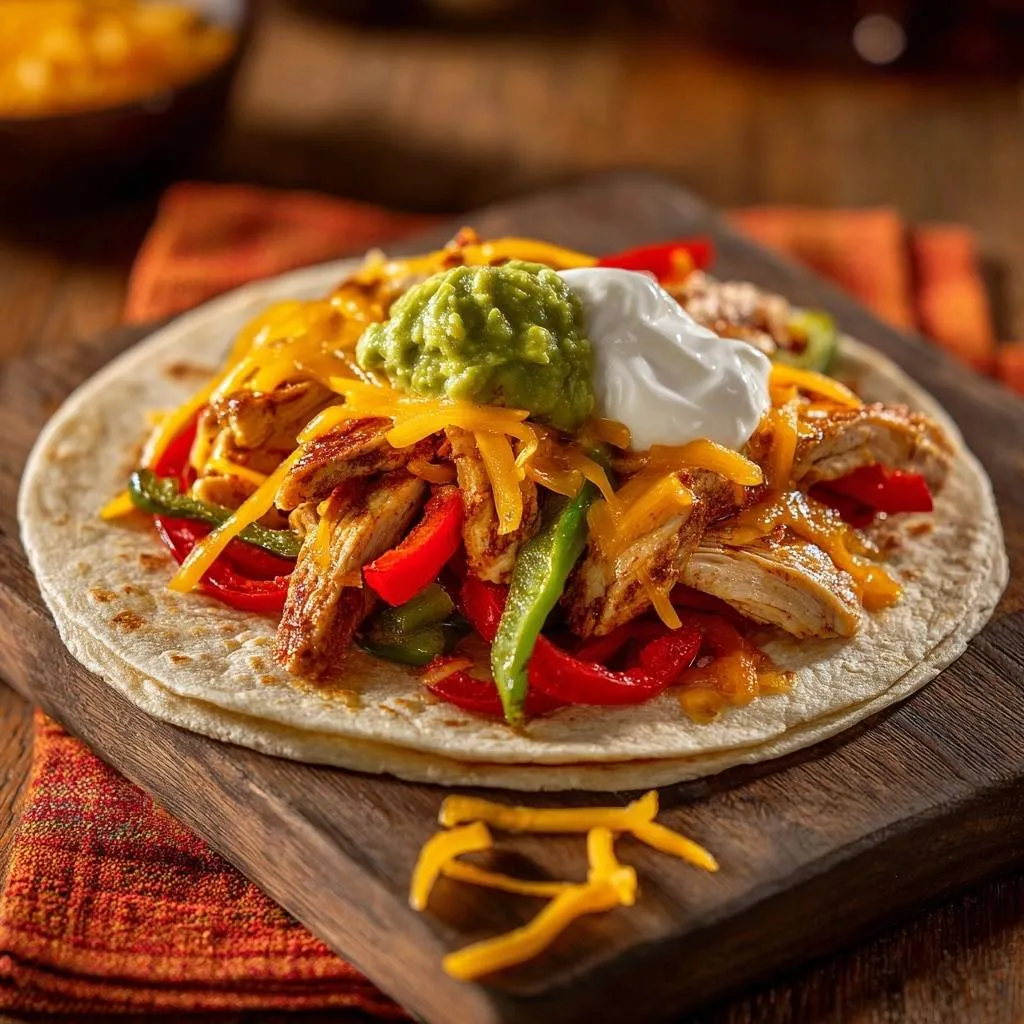 Cheesy chicken fajita tacos loaded with grilled chicken, peppers, and topped with guacamole and sour cream on a flour tortilla.