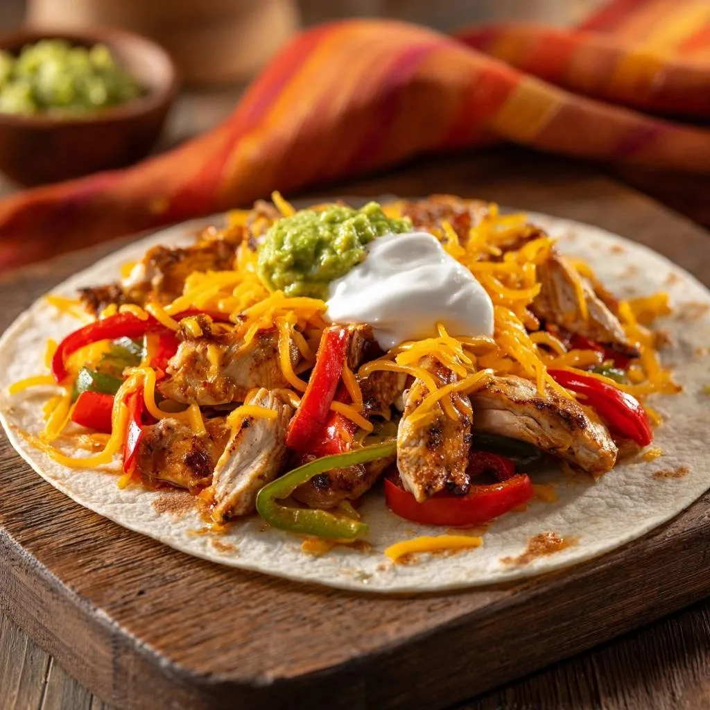 Cheesy chicken fajita tacos topped with guacamole and sour cream on a flour tortilla.