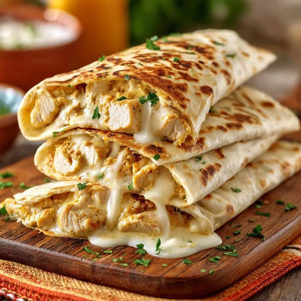 Cheesy chicken quesadillas with gooey melted cheese spilling out, garnished with parsley on a wooden board.