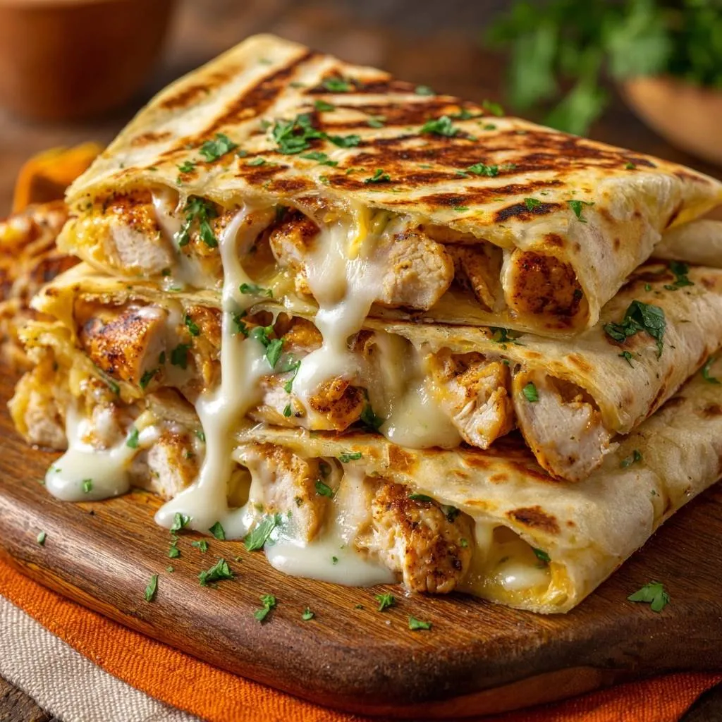 Cheesy chicken quesadillas with melted cheese pulling from a stacked cross-section on a wooden board.
