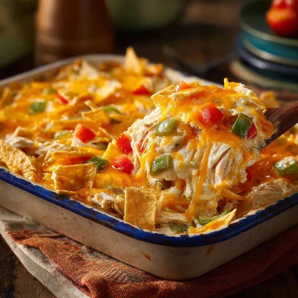 Cheesy chicken tortilla casserole with crunchy layers, a serving being lifted from the baking dish showing melted cheese and ingredients.