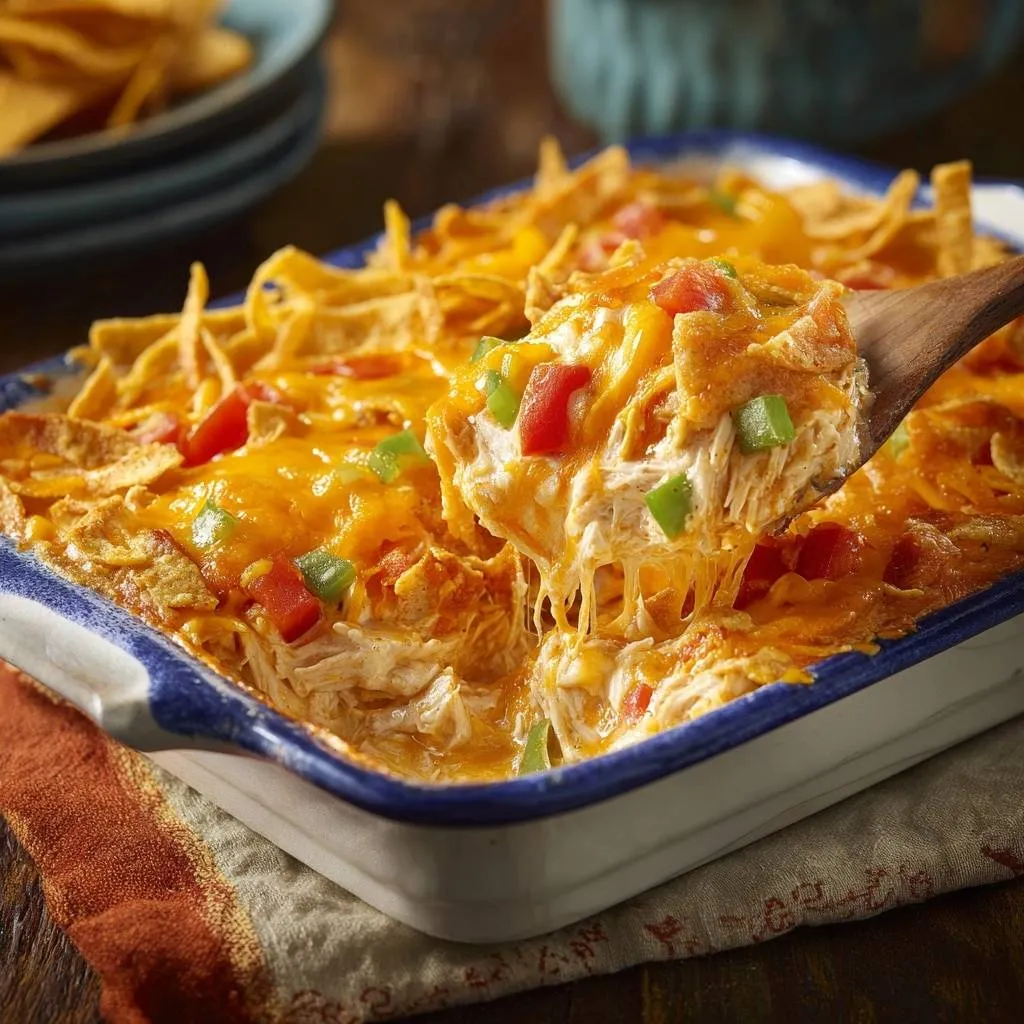 Cheesy chicken tortilla casserole with a spoonful being lifted, showing melted cheese and crunchy layers.