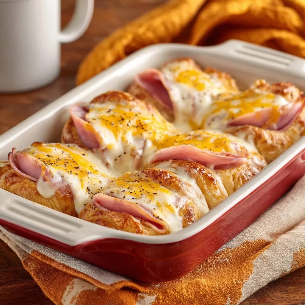 Cheesy ham croissant bake with melted cheese topping and black pepper sprinkled over golden croissants in a baking dish.